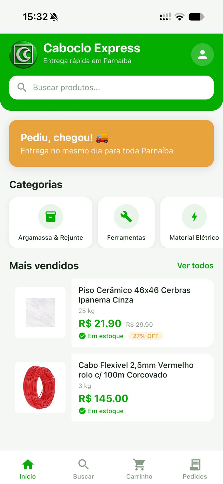 Vitrine e catálogo do aplicativo Caboclo Express